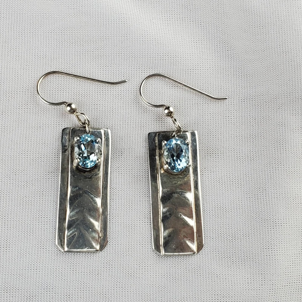 Hand Forged Sterling Silver Dangle Rectangle Earrings with Blue Topaz